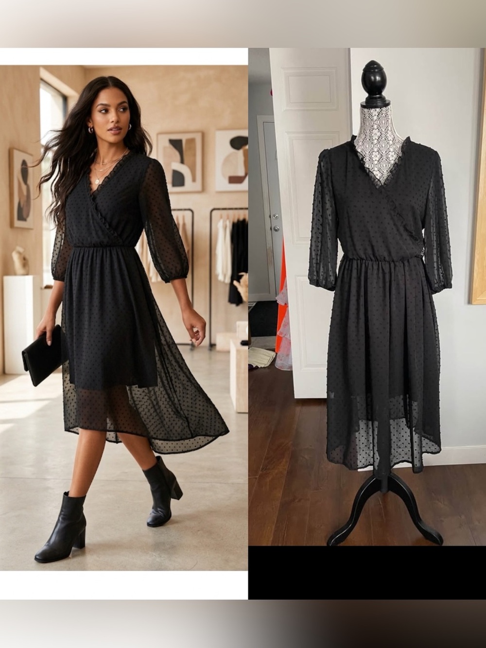 Pretty Black Swiss Dot Surplice Midi Dress. Sheer Back and Sleeves. Medium